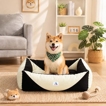 Cotton Canvas Dog Bed, Cute Dog Bed Medium Size Dog, Puppy Bed with Washable Removable Cover, Durable 290 GSM Cotton Anti-Chewing Pet Bed with Anti-Slip Bottom (30"x25"x10", Black&White)