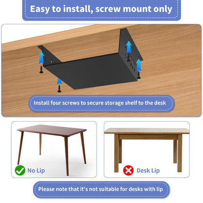 MOLIGOU Under Desk Storage Shelf, Under Desk Tray with Felt Liner, Screw Mount Under Table Hidden Storage for Home Office, Kitchen Cabinet (9" x 9" x 2.9")
