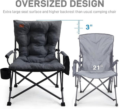 EVER ADVANCED Padded Oversized Folding Camping Chair for Adults, Heavy Duty Lawn Chair with Side Pockets, Portable Collapsible Quad Chair for Outside, Support Up to 500lbs, Black