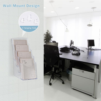 xydstay Acrylic Brochure Holder 4 x 9 Inches, 4 Tier Magazine Holder Brochure Display Stand, Clear Pamphlet Flyer Holder, Literature Booklet Holder for Countertop or Wall Mount Use, 2 Pack