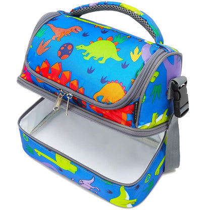 FlowFly Kids Double Decker Cooler Insulated Lunch Bag Large Tote for Boys, Girls, Men, Women, With Adjustable Strap, Dinosaur