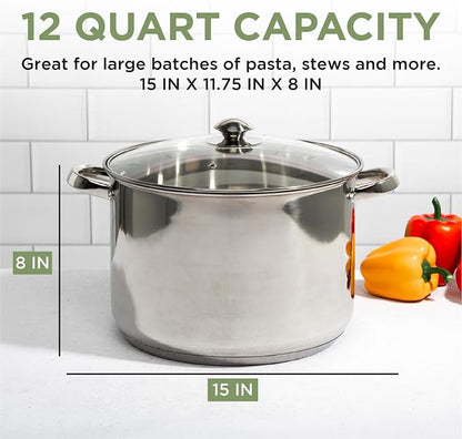 Ecolution Pure Intentions Stock Pot - Features Tempered Glass Lid, Stay-Cool Handles, and Encapsulated Bottom - Oven Safe - Curbside Recyclable Stainless Steel - 12 Quarts
