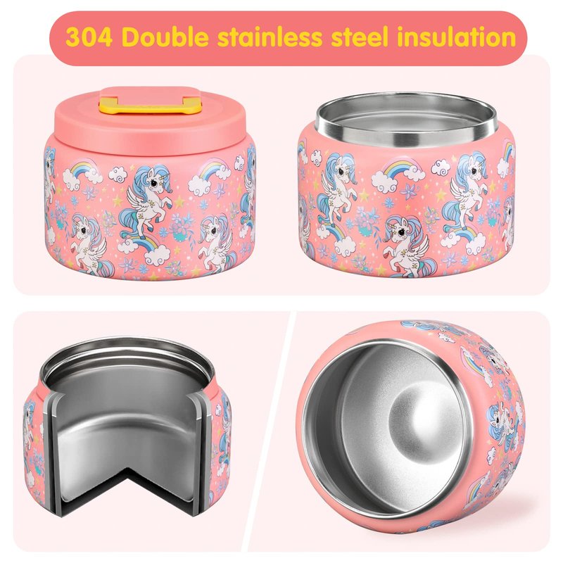 JXXM 8 Oz Thermo Food Jar for Hot & Cold Food for Kids, Insulated Lunch Containers Hot Food Jar,Leak-Proof Vacuum Stainless Steel Wide Mouth Lunch Soup Thermo for School (PINK-Unicorn)