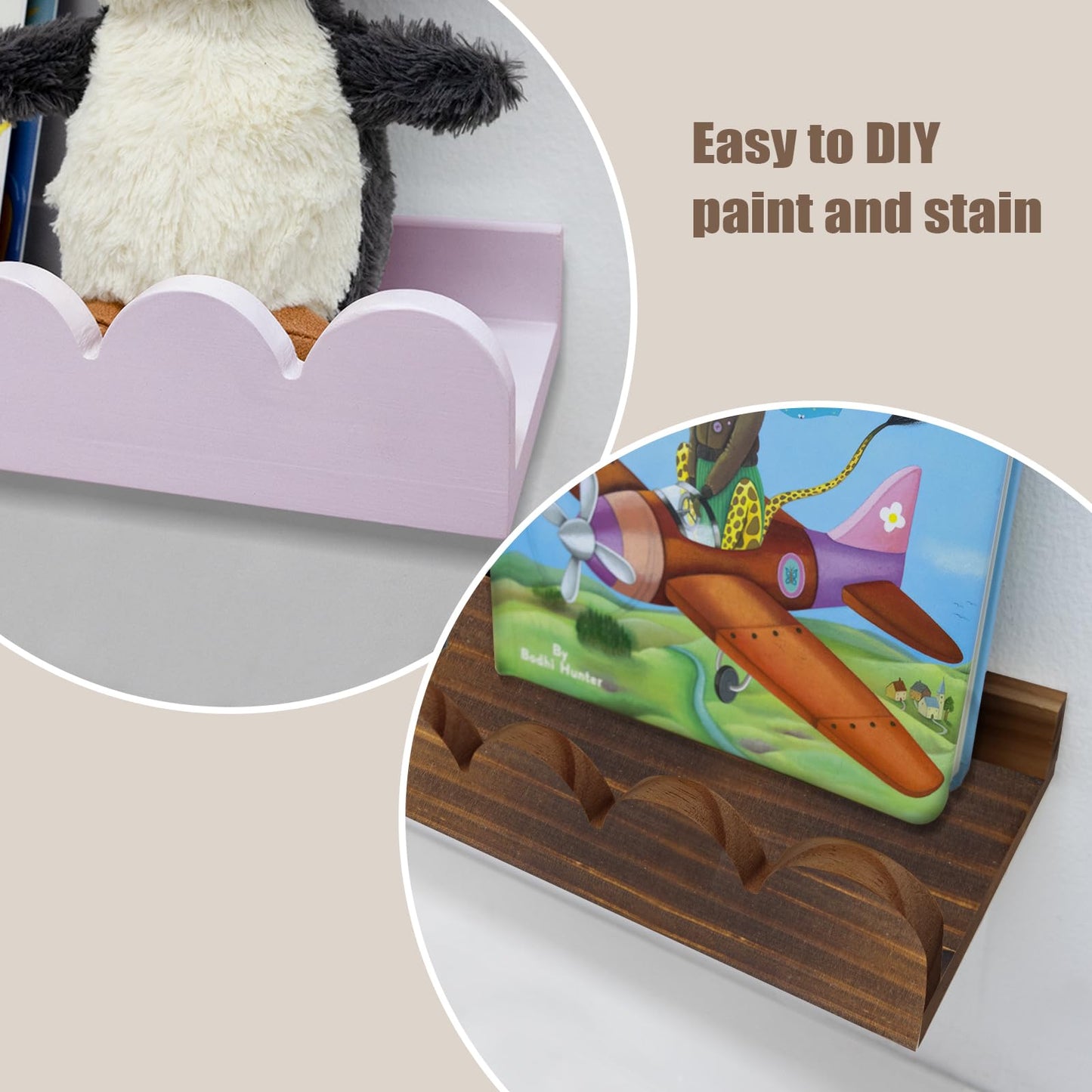 icnjdMopclean Nursery Shelves for Wall with Hooks-Scalloped Wall Book Shelves for Bedroom Kids Set of 3, Nursery Furniture Must Have, 16 Inch, Natural