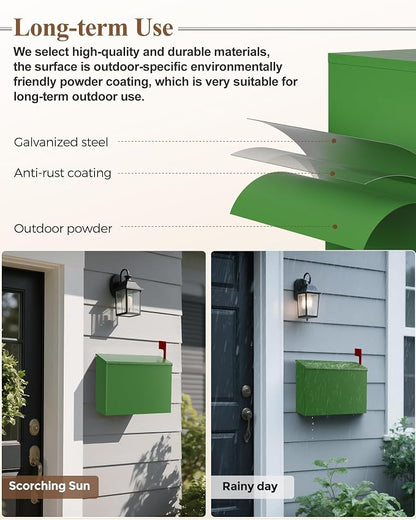 Wall-Mount Mailbox for Outside, Large Capacity Rust-Proof Mail Box with Stay-Open Lid & Red Flag Kit, Galvanized Steel Weather-Resistant Post Box for House Outside, 10.5"x4.3"x14.2", Green