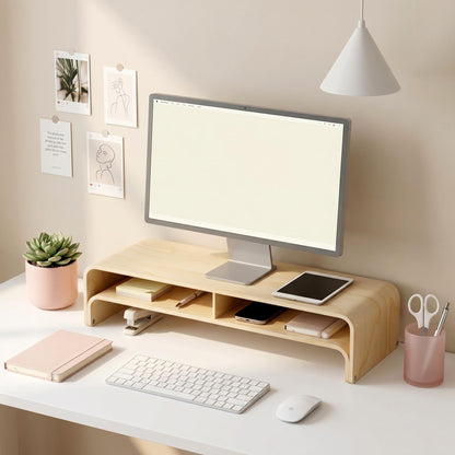 APRTAT Wood Monitor Stand Riser, Solid Woodon Dual Monitor Riser with Storage, 2-Tier Natural Monitor Riser with Storage, Computer Stand Keyboard Organizer