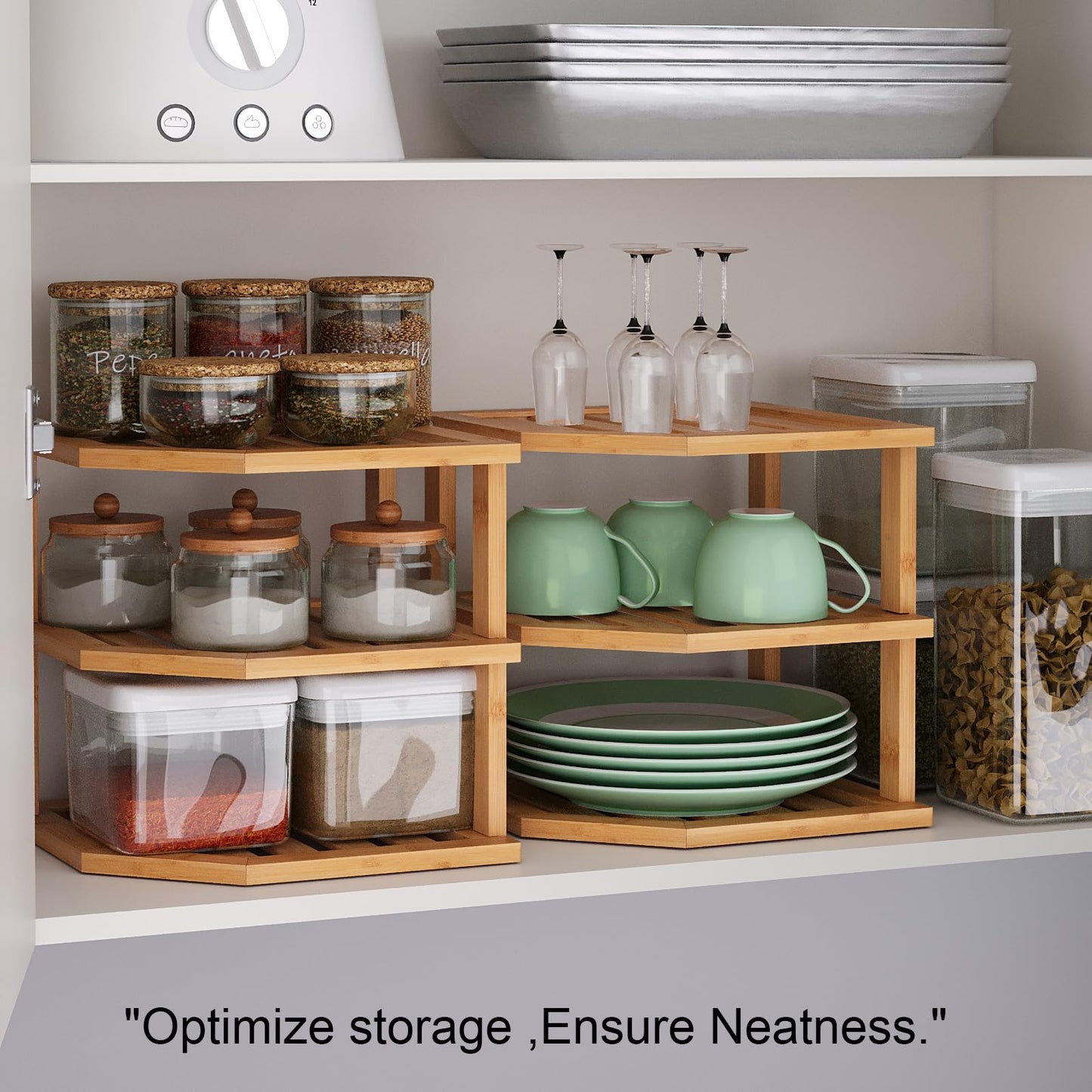VERTORGAN 3 Tier Bamboo Corner Shelf(2 Pack),Plate Organizer,Dish Drying Rack,Kitchen Spice Rack for Countertop and Cabinet