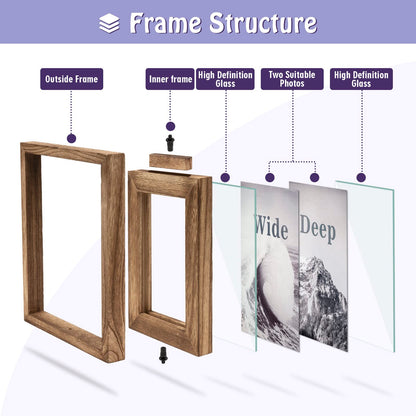 Emfogo 5x7 Picture Frame Rustic Wood Hinged Folding Double Photo Frame, Double Sided Display Rotatable High Definition Glass Collage Picture Frames Vertically on TableTop (Carbonized Black)