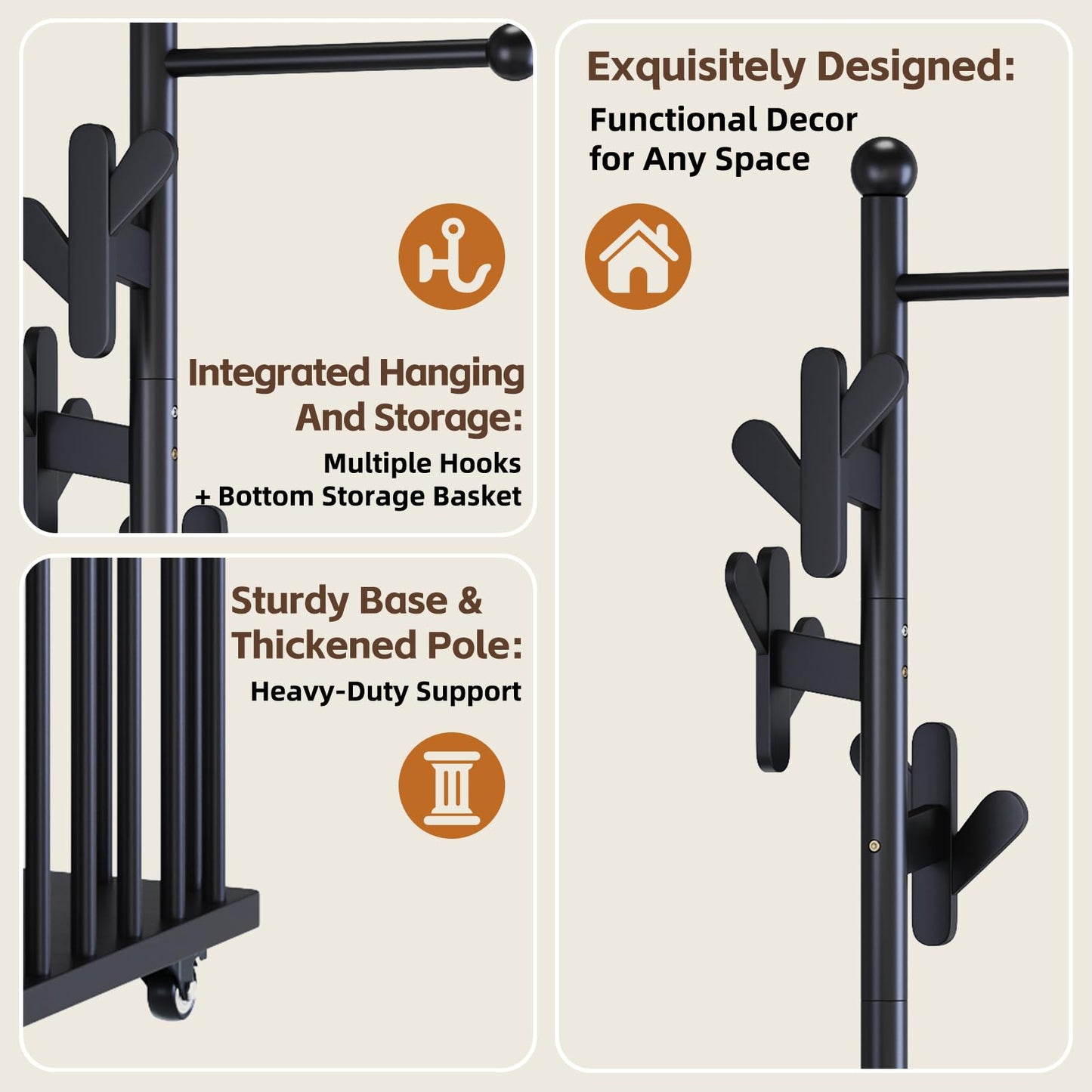 Cactus Freestanding Wooden Coat Rack with Storage Basket,Black Coat Rack with Hooks and Wheels, Space-Saving Entryway Organizer for Hanging Clothes, Bags and Storing Towels, Toys, Bedroom, Living Room