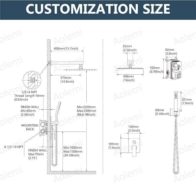 Aolemi Shower Faucet Set Rain Shower System with Handheld Spray Bathroom Shower Combo Rough-in Valve and Shower Trim Kit Included Brushed Gold 16 Inch Wall Mount Shower Head