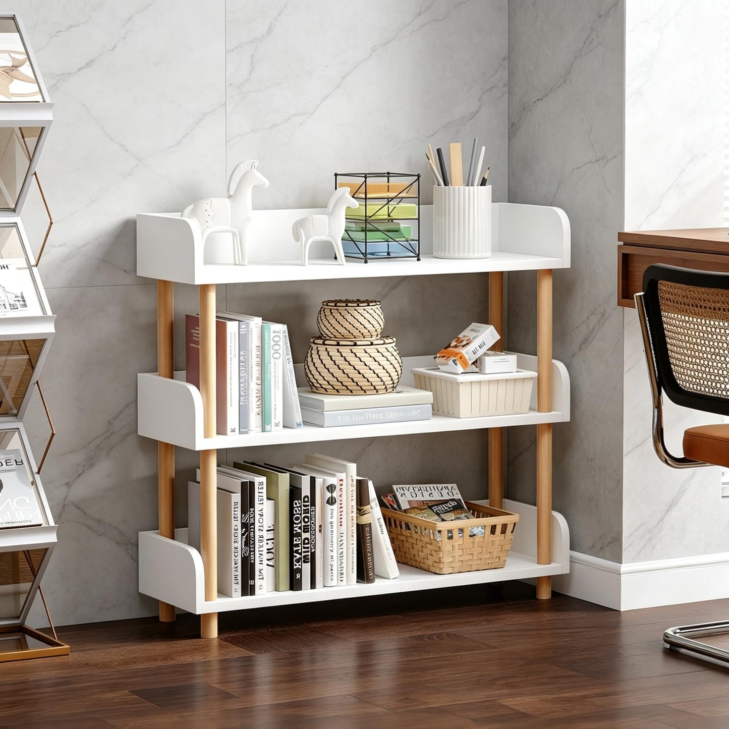 Breezestival 3-Tier Wooden Open Bookshelf, Modern Display Shelf with Standing Storage Rack, Multifunctional Bookcase for Home and Office, Living Room, Bedroom, Library, White