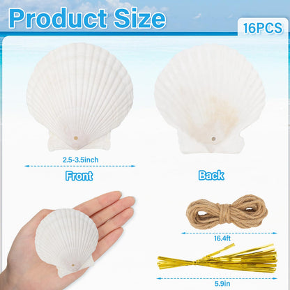 16PCS Natural Sea Shells 2.5"-3.5" Perforation Scallop Shells with Rope,for Christmas Tree Ornaments & DIY Hanging Home Deocration Craft Shells