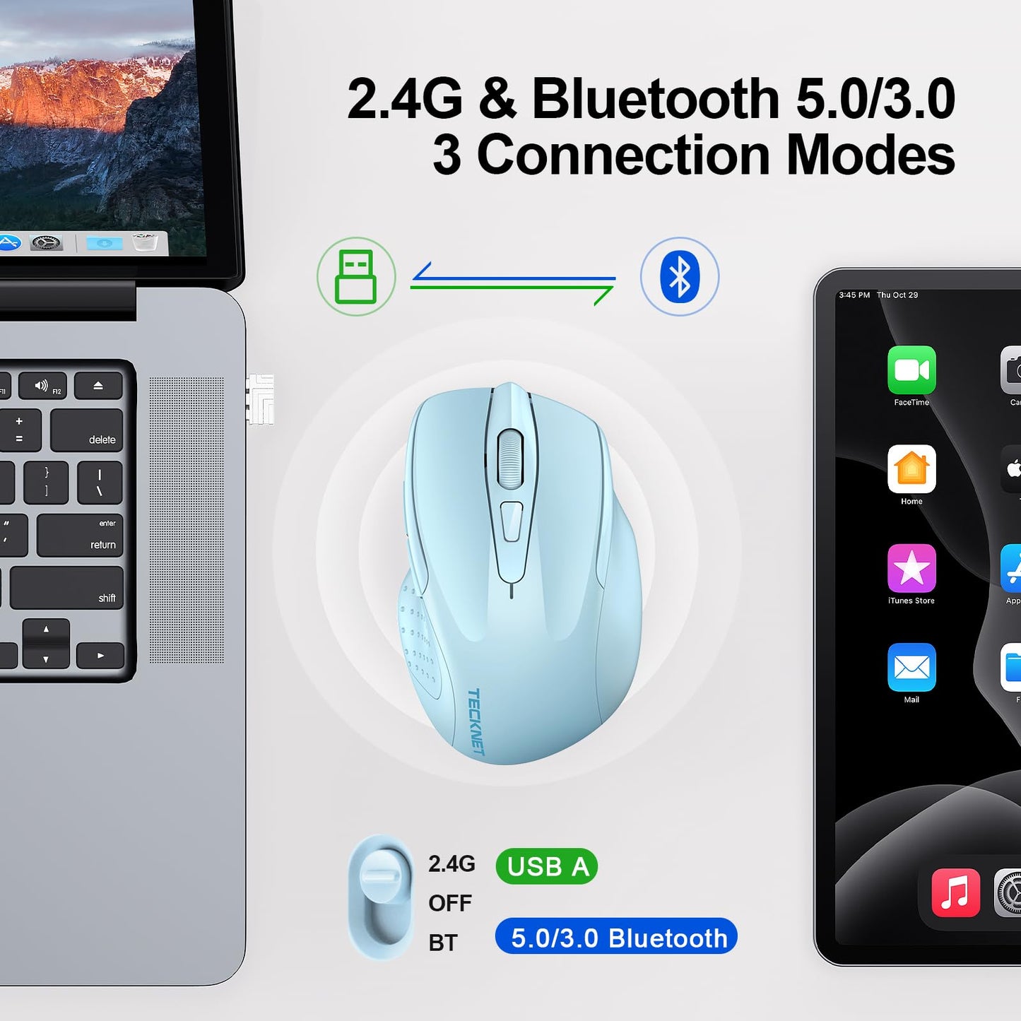 TECKNET Wireless Mouse (BT5.0/3.0 & 2.4G) Rechargeable 4800 DPI Silent USB A & Bluetooth Mouse 6 Buttons, Wide Compatibility - Grey