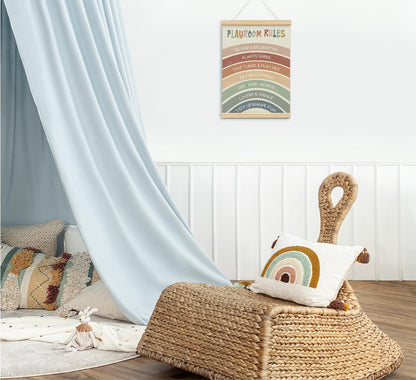 foedor Boho Rainbow Nursery Playroom Rules Wall Art with Wooden Frames,Playroom Wall Decor Canvas Hanging Banner,Playroom Sign Affirmations Prints Framed for Classroom Kids Room Wall Decor,12x16 Inch