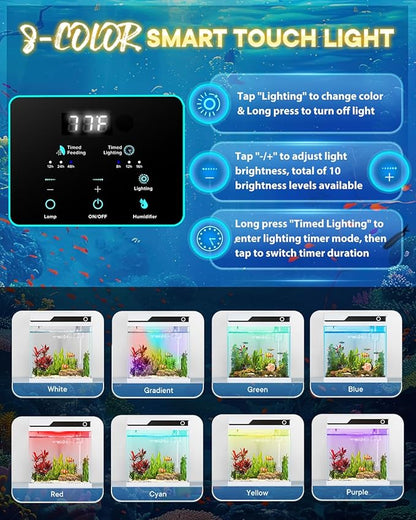 Vehipa Fish Tank, Smart Fish Aquarium Kit 4.2 Gallon with Auto Feeder, 4-in-1 Silent Pump, Adjustable Lighting, Temperature Display & Humidifier for Desktop, Office, Room