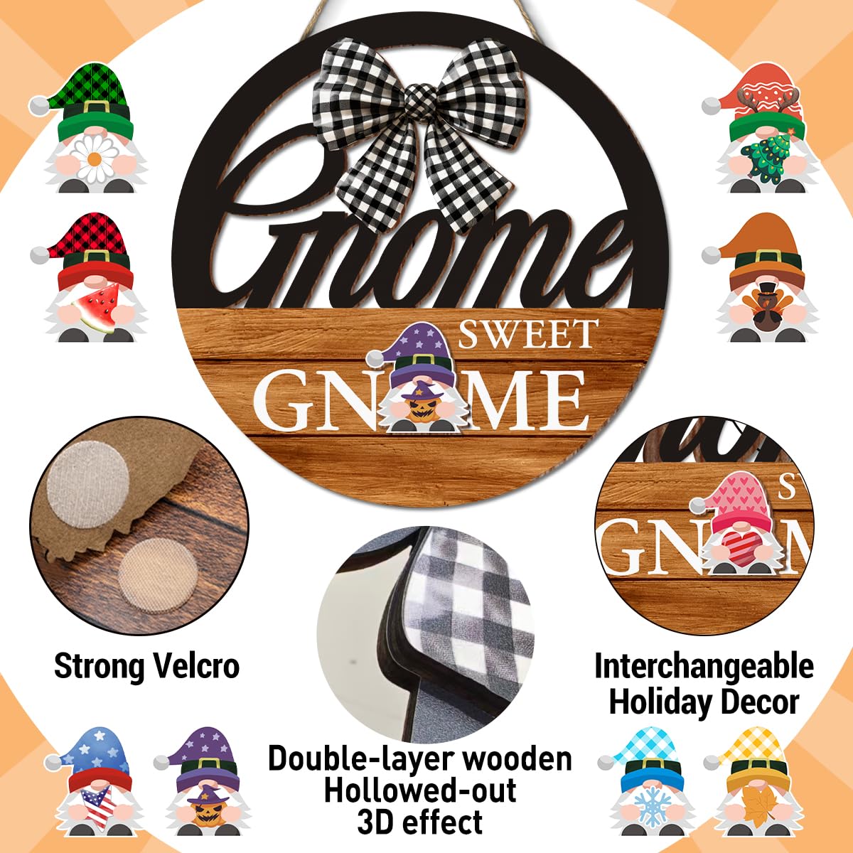 Interchangeable Seasonal Gnome Sweet Gnome Hanging Sign - Farmhouse Front Door Decoration for Spring All Seasons Holidays - Rustic Round Wood Wreaths with 12 Icons(Orange)