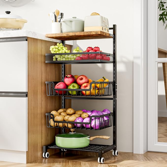 HapiRm Fruit Basket Kitchen Cart - Floor 5 Tier Adjustable Fruit and Vegetable Storage Rack, Large Capacity Rolling Kitchen Carts on Wheels for Pantry Snack Potato and Onion Storage