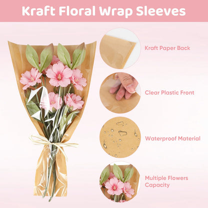 Wzifyf 50 PACK Flower Bags for Bouquets Flower Bouquet Holders Kraft Floral Wrapping Paper flower Sleeves Build Your Own Bouquet Bar with 72 Ft Ribbons for Valentine's Day Packaging Supplies