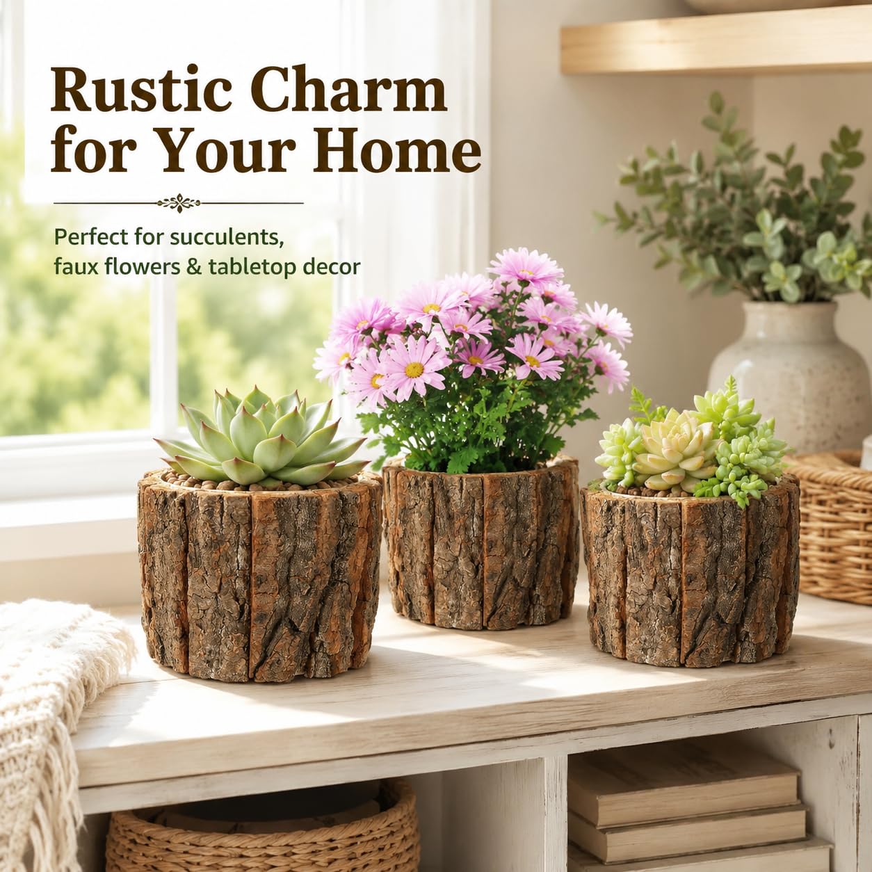 Garneck 3 Pcs Wooden Flower Pots Wood Bark Planters Rustic Tree Stump Containers: Small Natural Log Barrel Buckets for Indoor Outdoor Plants Succulents Home Garden Decor