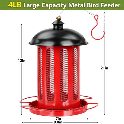 IWNTWY Bird Feeder, Large Capacity Bird Feeders for Outdoor Hanging, Heavy Duty Metal Wild Birdfeeder for Outside Garden Yard Decor, Retro Lantern Shape (Red)