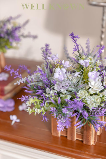 WELL KNOWN Artificial Lavender Plants in Wooden Baskets, Artificial Mini White Flower Arrangement in Planter for Home Hotel Office Table Wedding Centerpieces & Gift(Set of 2)