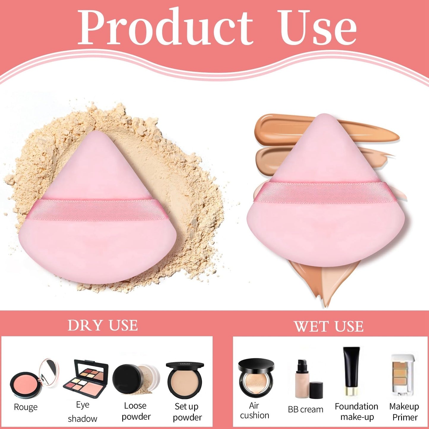 Pimoys 6 Pieces Powder Puff Face Makeup Sponge Soft Velour Triangle Powder Puffs Beauty Sponge Stocking Stuffers for Loose Powder (Black, Pink)