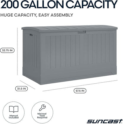 Suncast 200-gal. All-Weather Patio Deck Box, Made in the USA, with Pad-Lockable Lid, Extra-Large Outdoor Storage Unit for Patio Furniture and Grill Tools, Dove Gray Color