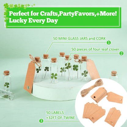 Cinnvoice 50 Sets St. Patrick's Day Cork Stoppers Glass Bottles Dried Pressed Four Leaf Clover Tiny Wishing Bottle Real Natural Four Leaf Clovers Mini Vials with Labels Ropes for DIY Crafts Wedding