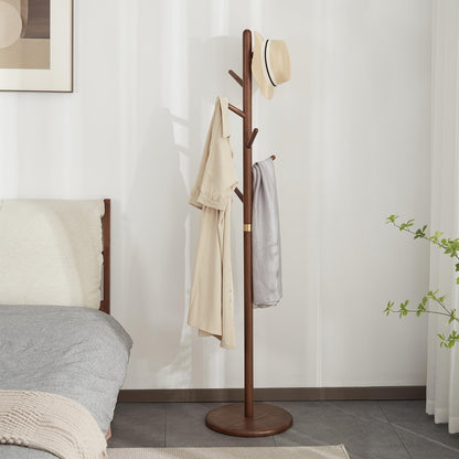 Homruilink Coat Rack, Solid Wood Coat Rack Freestanding with 6 Hooks, Wooden Coat Tree Freestanding for Hats, Handbags, Coat Stand for Entryway, Bedroom, Hallway - Fathers Day Gift for Dad (Walnut)
