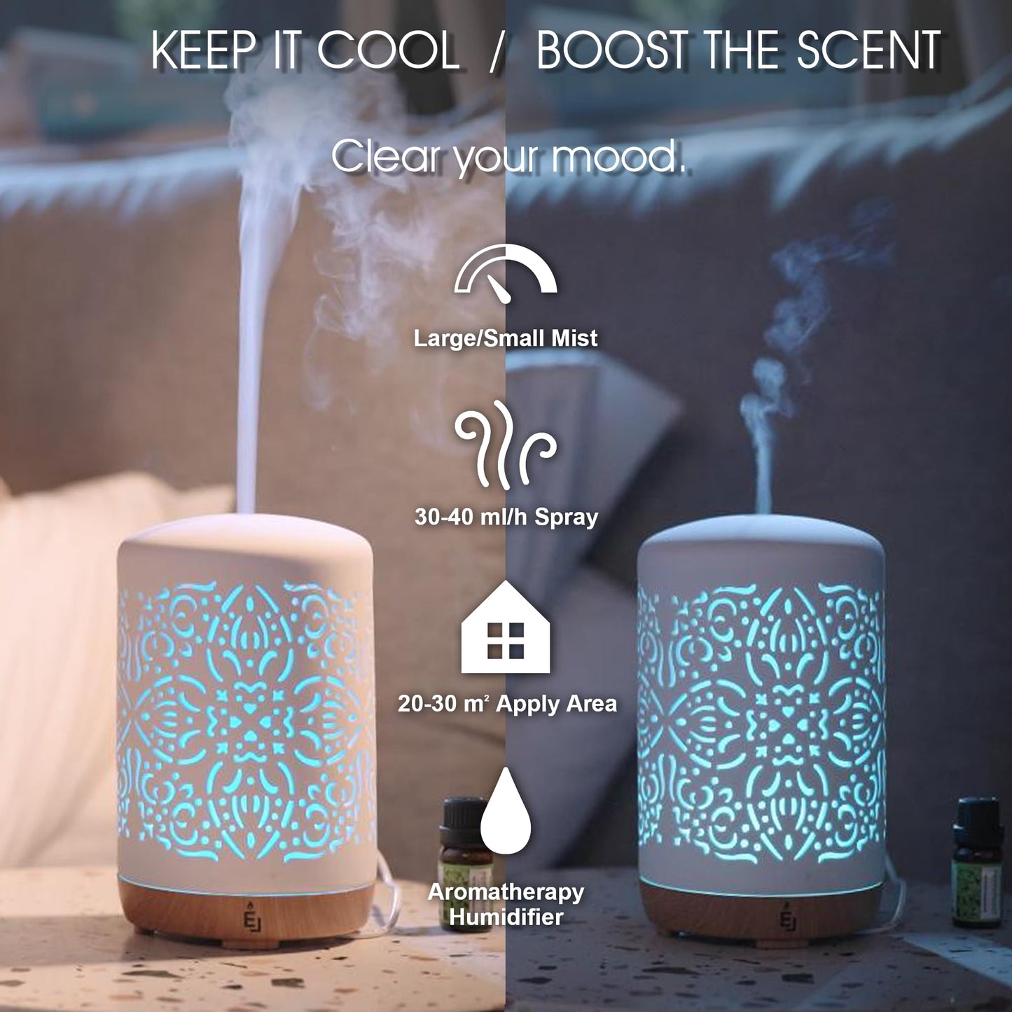 Earnest Living Essential Oil Diffuser White Ceramic Diffuser 100 ml Timers Night Lights and Auto Off Function Home Office Humidifier Aromatherapy Diffusers for Essential Oils