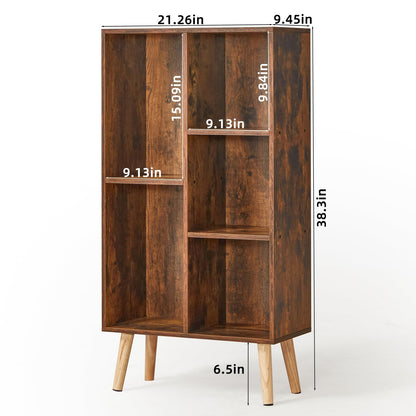 LEYAOYAO 5 Cube Small Bookshelf,3 Tier Mid-Century Bookcase with Legs,Wood Bookshelves Storage Organizer Shelf,Narrow Book Shelves,Brown Bookcases