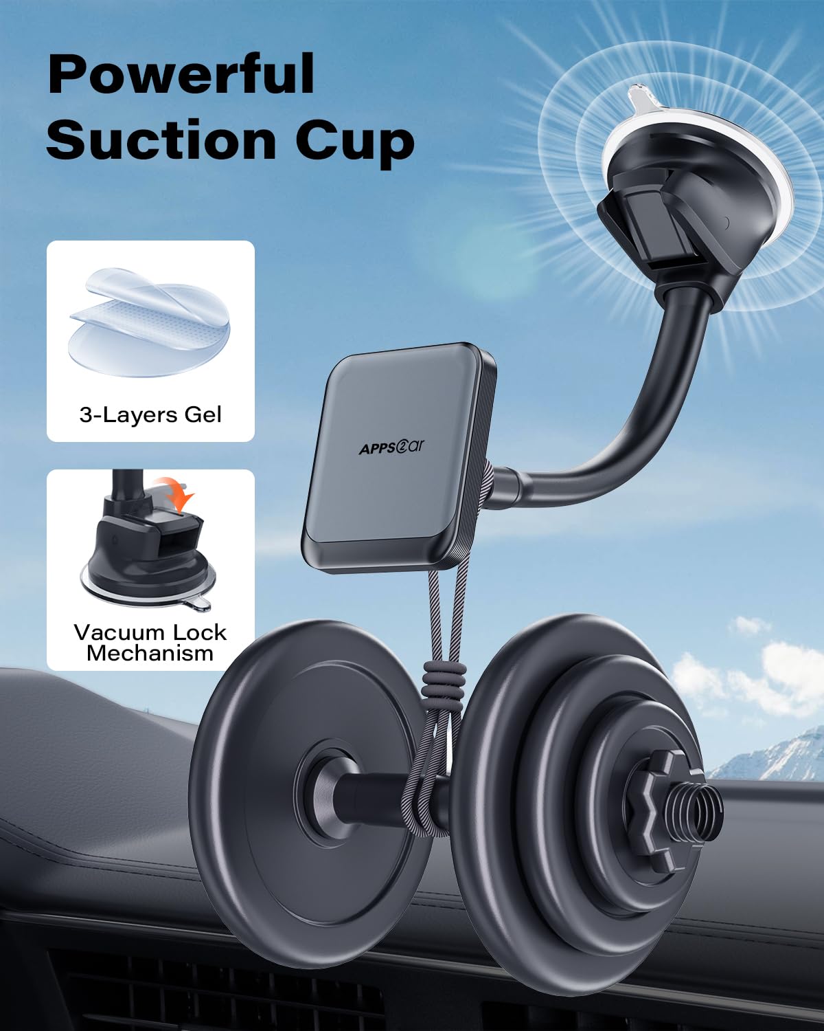 APPS2Car Magnetic Car Phone Holder Mount [6 Strong Magnets], Cell Phone Holder Car [Suction Cup], Phone Car Holder Mount [Windshield Dashboard] fit for Most Smartphones & Mini Tablets