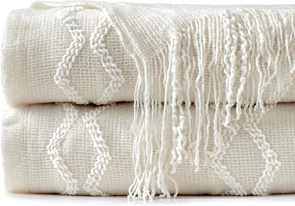 BOURINA Fluffy Chenille Knitted Fringe Throw Blanket Lightweight Soft Cozy for Bed Sofa Chair Throw Blankets, Off White 50" x 60"