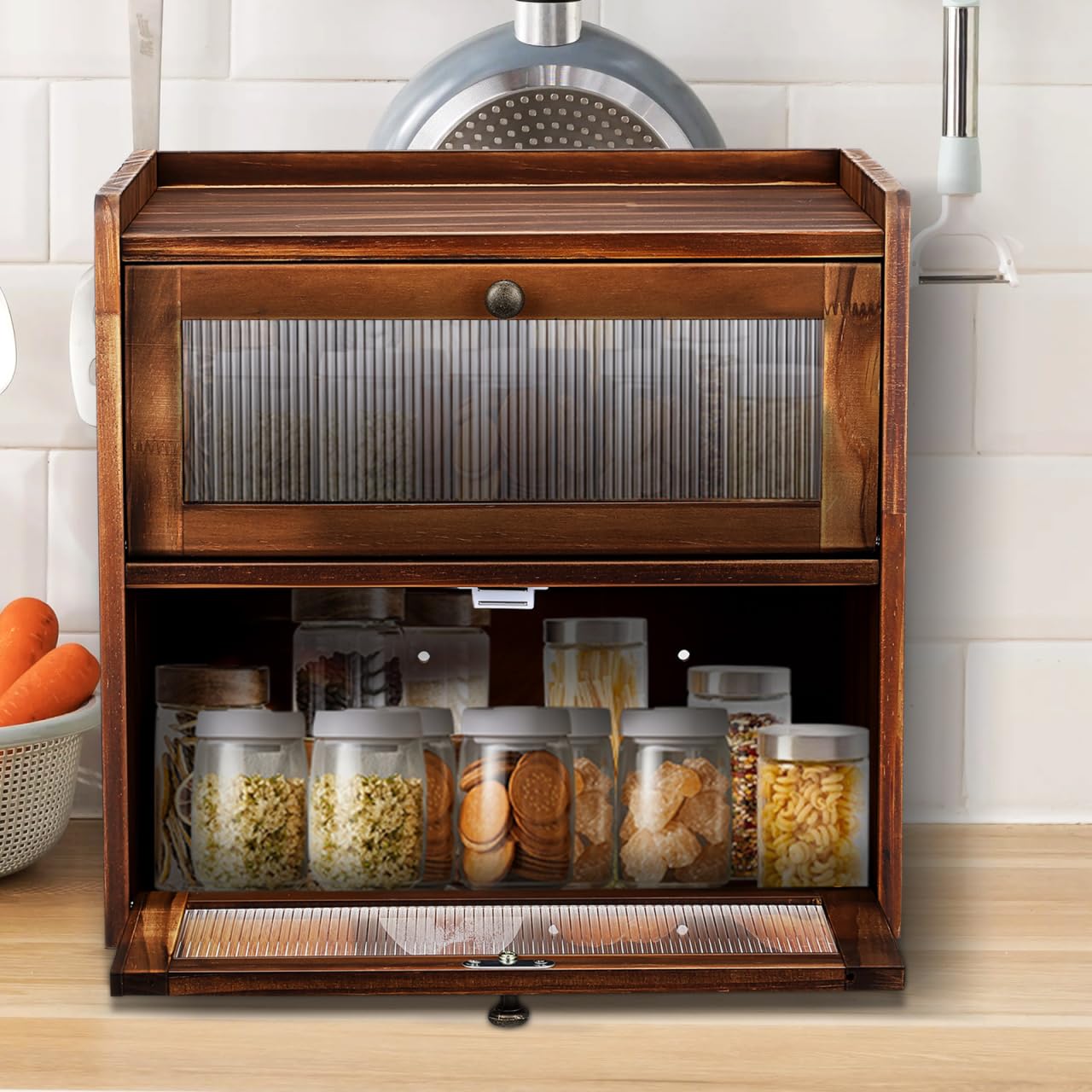 UKCOCO Wooden Bread Box 2 Layer Bread Box for Kitchen Counter Rustic Keeper with Ventilation Holes Magnetic Closure Front Windows Countertop Storage Organizer Brown