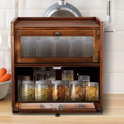 UKCOCO Wooden Bread Box 2 Layer Bread Box for Kitchen Counter Rustic Keeper with Ventilation Holes Magnetic Closure Front Windows Countertop Storage Organizer Brown