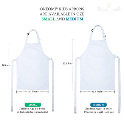 ONEOMI Kids Apron, Small, 100% Cotton with an Adjustable Strap to fit All Ages, Ideal for Cooking, Baking, Painting, Decorating, Party, Chef, Art and Classroom Children Apron (2, White)