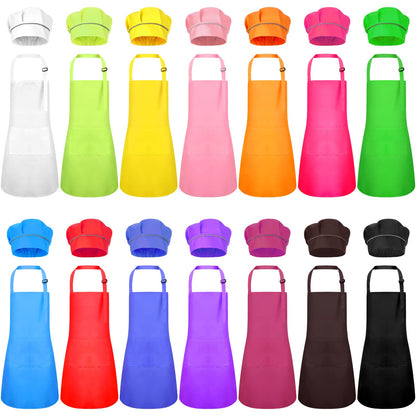 Handepo 28 Pcs Kid Apron and Chef Hat Set Adjustable Bib Apron with Pockets for Kids Cooking Baking Painting Crafting(Multicolor)