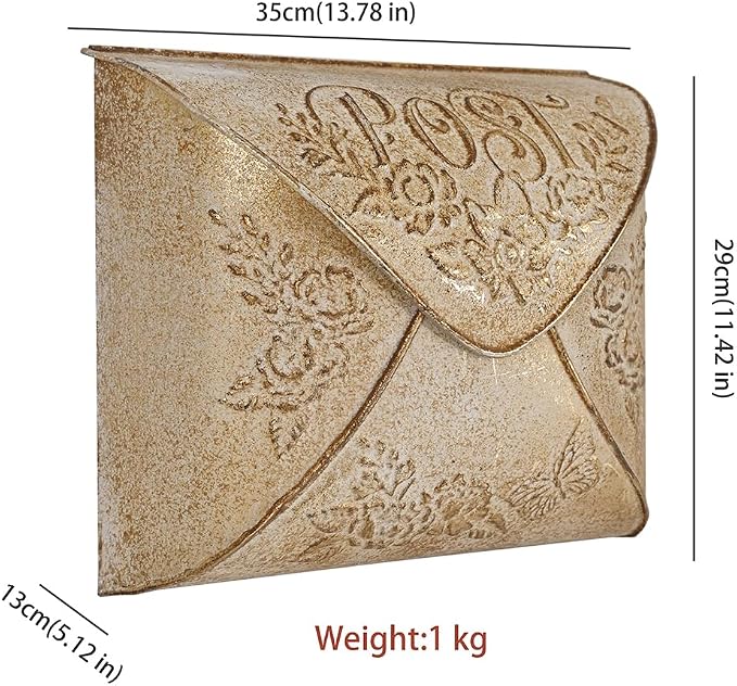Wall Mount Mailbox for House Outside,5" D x 13.8" W x 11.4" H,Vintage Metal Door Mailbox Antique Style Nostalgic Charm Home Decor Garden Vintage English Cottage Decor(Gold)