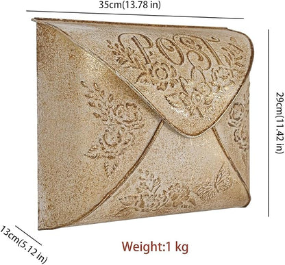 Wall Mount Mailbox for House Outside,5" D x 13.8" W x 11.4" H,Vintage Metal Door Mailbox Antique Style Nostalgic Charm Home Decor Garden Vintage English Cottage Decor(Gold)