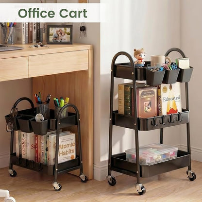 danpinera 2-Tier Rolling Cart, Utility Cart Mobile Metal Rolling Storage Cart with Lockable Wheels & Hanging Cups & Hooks for Kitchen, Bathroom, Office, Workshop