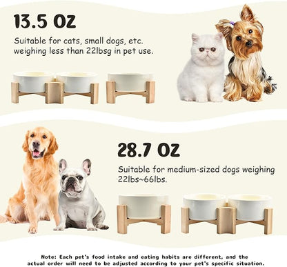 SPUNKYJUNKY 15° Slanted Ceramic Dog and Cat Bowl with Wooden Stand, Tilted Bulldog Food and Water Bowl No Slip Non-Spill for Cats Medium Dogs Big Face Pets 28.7 OZ (3.6 Cups, Beige)