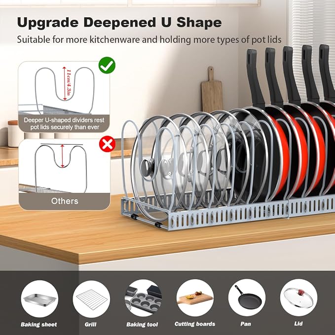 Housolution Pot and Pan Organizer Rack for Cabinet, Upgraded Expandable Pot Lid Organizer with 14 Adjustable Dividers, Pan Holder Storage Rack for Kitchen Cabinet, Grey