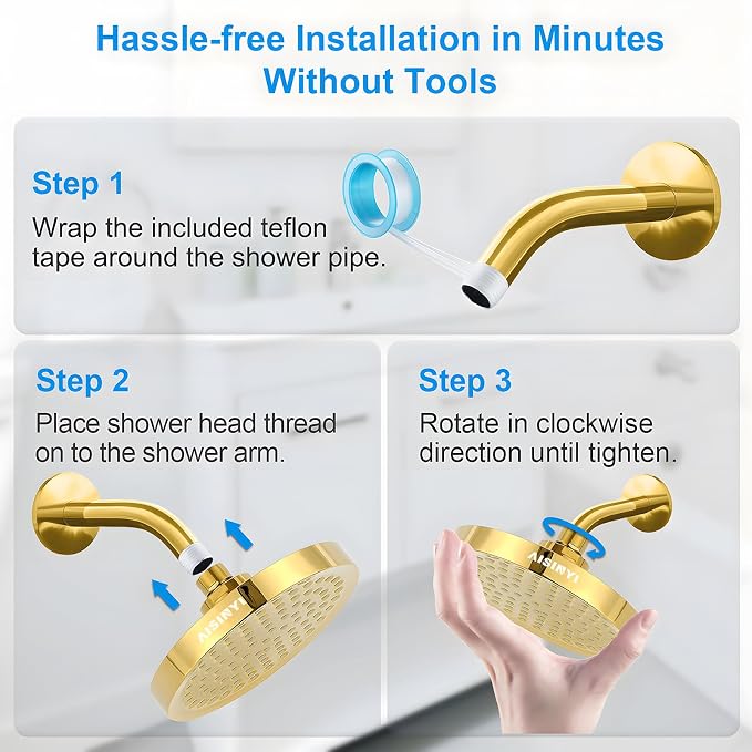 High Pressure Rainfall Shower Head, 6 Inches Luxury Modern Showerhead with Perfect Adjustable Replacement, Removable Restrictor, Easy Installation for Your Bathroom Shower Heads (Deluxe Gold)