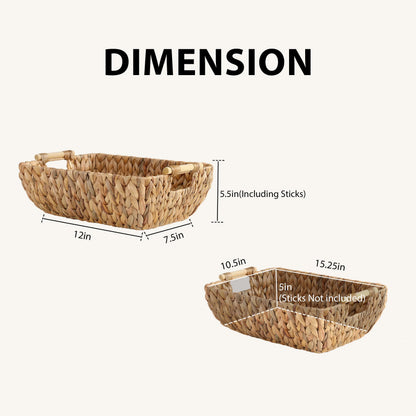 Water Hyacinth Storage Baskets with Wooden Handles，Large Wicker Baskets for Organizing Set of 2