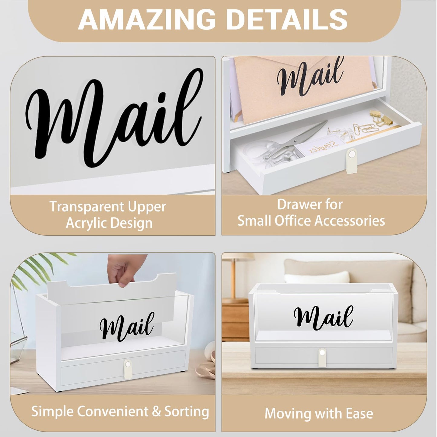 Two-Layer Solid Wooden Mail Storage Organizer Holder with Clear Acrylic Top and Bottom Drawer, Leather Handle, Keeping Mail, Bills, Letters, Cards and Office Supplies in One Place, Home Decor Gifts