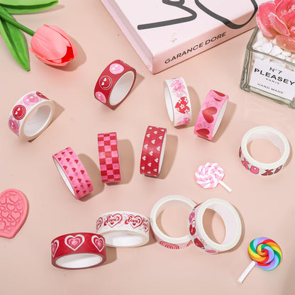 Whaline 12 Rolls Boho Valentine’s Day Washi Tape Rainbow Love Heart Smile Washi Tape Red Pink Masking Decorative Gift Wrapping Paper Tape for DIY Craft Scrapbook Journal Party Supplies