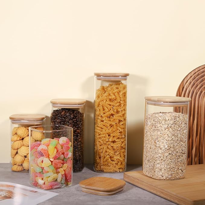 Glass Food Storage Jars 76 oz Set of 3,Glass Storage Containers Clear Glass Food Canister with Bamboo Lid Airtight For Serving Tea, Coffee, Flour, Sugar, Candy, Cookie, Spice and More (Square)