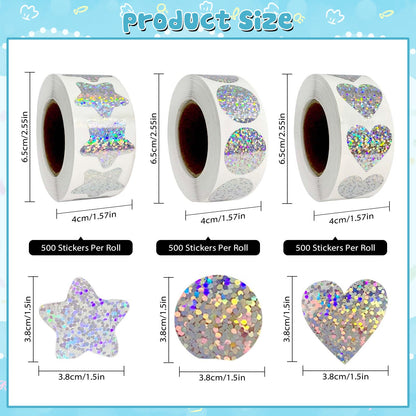 Valentine's Day Holographic Glitter Stickers Roll -1500 Pcs Star/Heart/Circle Shapes, Iridescent Self-Adhesive Decals for DIY Crafts, Scrapbooking, Laptop & Water Bottle Decor