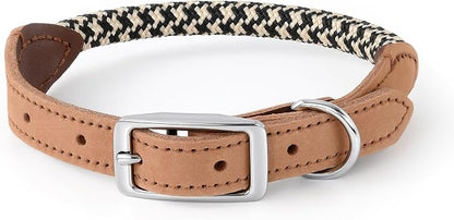 Mile High Life Genuine Leather Dog Collar, Durable Braided Cotton Rope Collar with Metal Pin Buckle for Small Medium Large Dogs (Black Khaki, L Neck 17"-21")
