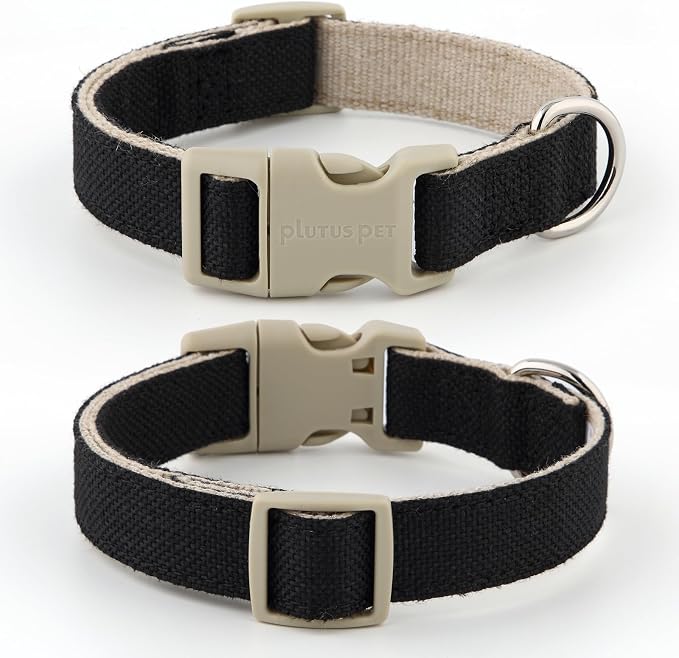 Plutus Pet Cotton Hemp Dog Collar and Leash Set, Adjustable Collar for Small, Medium, and Large Dogs, Heavy Duty and Soft on Skin, Black, L